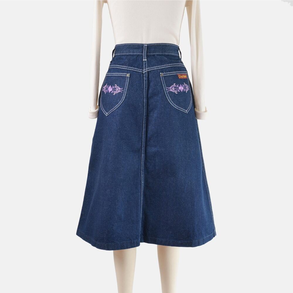 Vintage 80s Dark Wash Denim Pencil Skirt with Embroidered Pockets size M - Picture 5 of 6